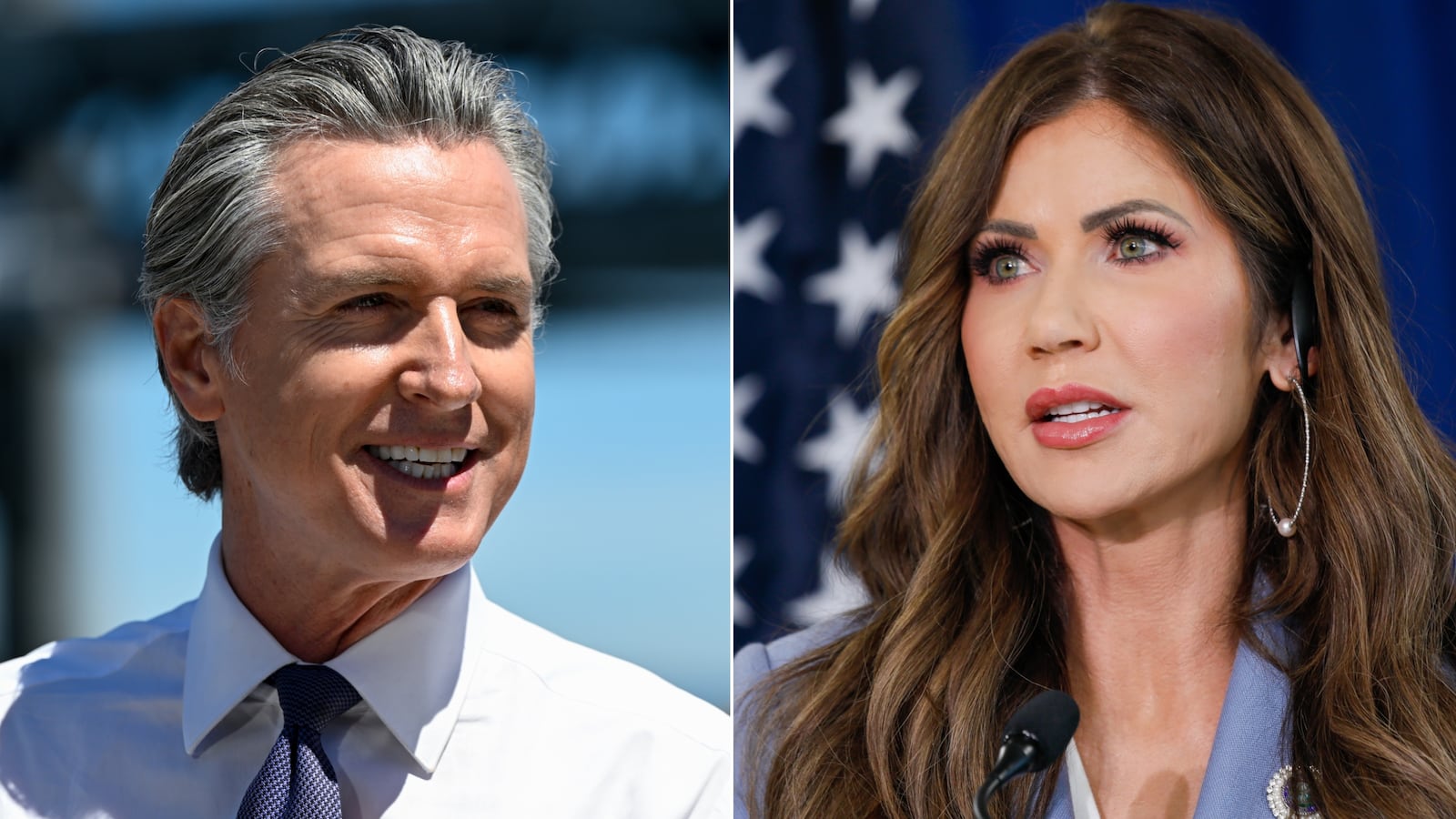 Split pic of Gavin Newsom and Kristi Noem.