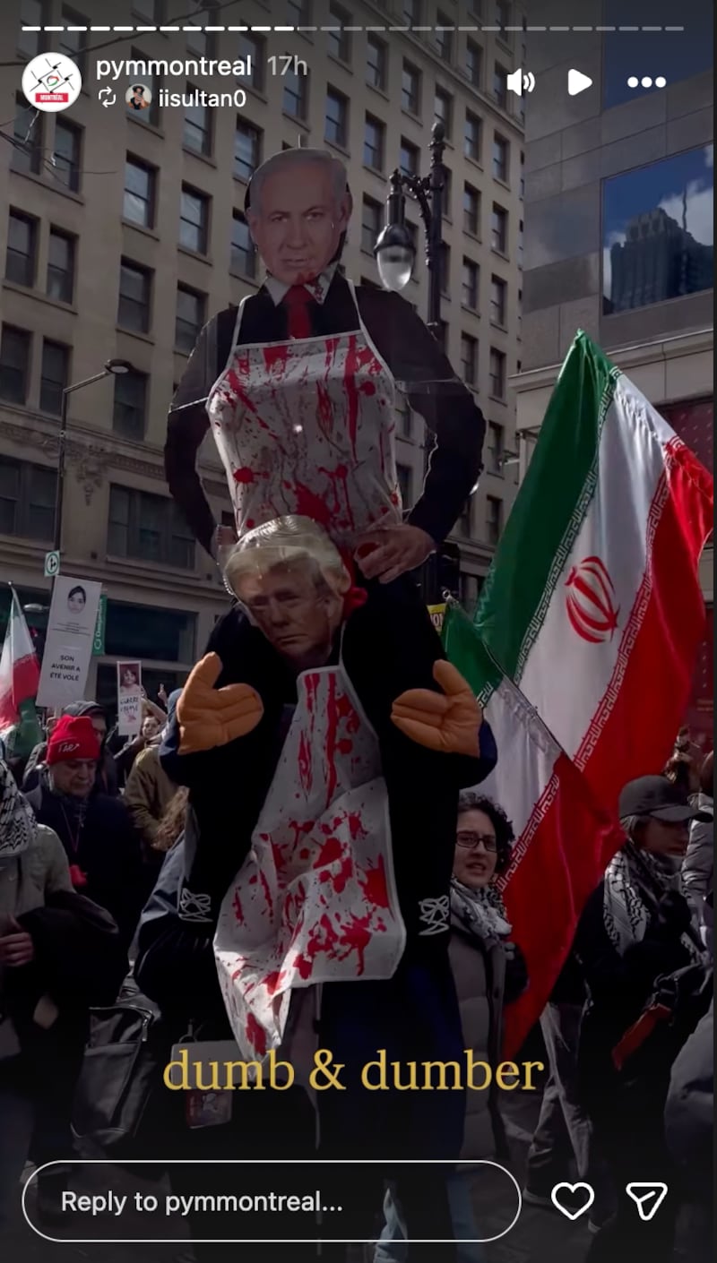 Trump and his Israeli counterpart were depicted as bloody butchers in the protest.