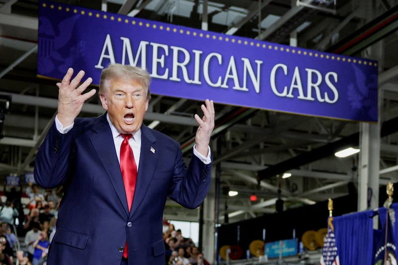 U.S. President Donald Trump delivers remarks during an event at the General Motors Milford Proving Ground in Milford, Michigan, U.S., July 27, 2026.