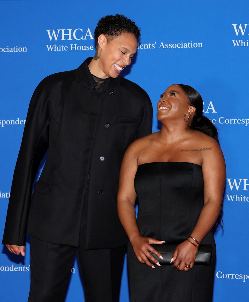 Brittney Griner, WNBA star who was detained in Russia, and her wife Cherelle Griner pose on the red carpet arriving for the annual White House Correspondents' Association (WHCA) Dinner in Washington, U.S., April 29, 2023. REUTERS/Tom Brenner  REFILE - CORRECTING INFORMATION