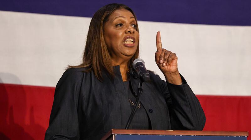 NY Attorney General Letitia James hosts a town hall at SUNY Westchester Community College to hear from residents about the impact of former President Donald Trump’s policies on their lives on May 08, 2025 in Valhalla, New York. James, along with her counterparts from New Jersey, California, Illinois, and Minnesota, will listen to New Yorkers from across the state about safeguarding civil rights and pushing back against federal policies they deem harmful. (Photo by Spencer Platt/Getty Images)