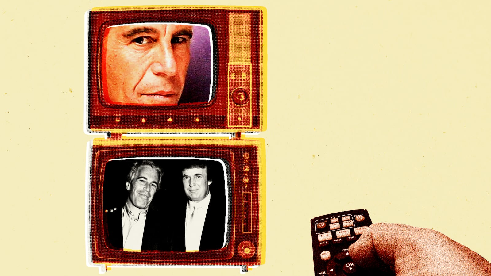 Donald Trump and Jeffrey Epstein inside of old tvs with a hand holding a remote pointing at them