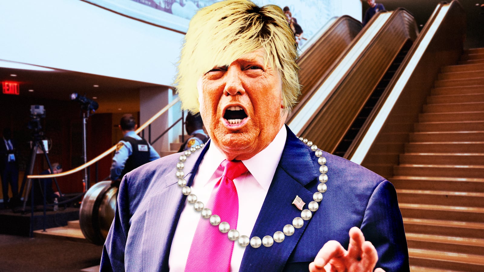 A photo illustration of Donald Trump as a "Karen" in front of the United Nations escalator.
