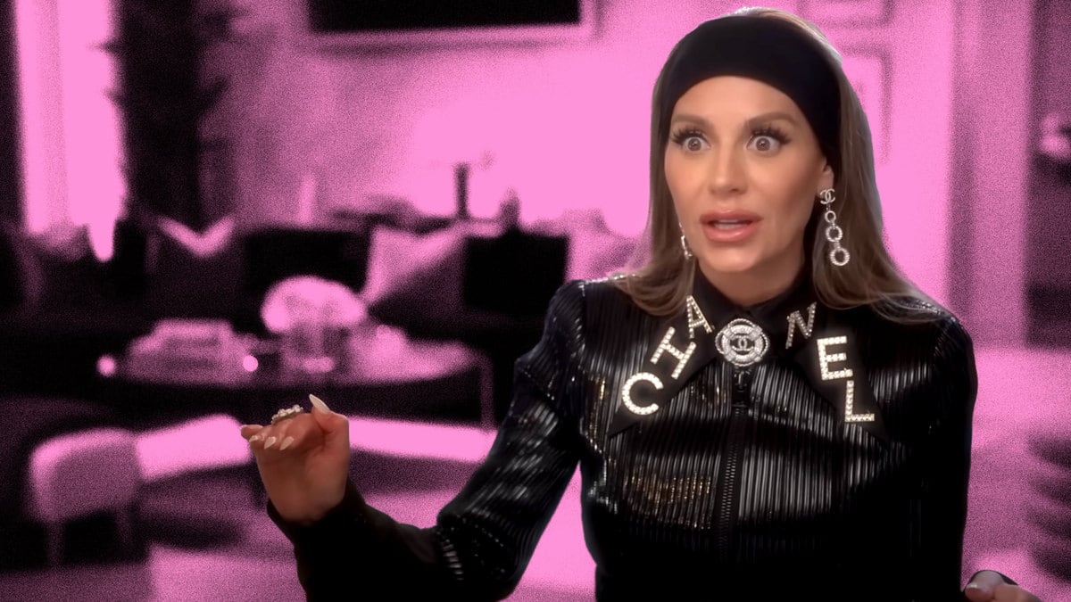 Photo illustration of a screenshot of a producer interview of Dorit Kemsley for season 13 episode 3 of Real Housewives of Beverly Hills