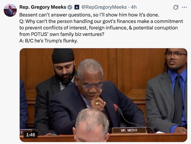 Gregory Meeks calls out Scott Bessent on X.