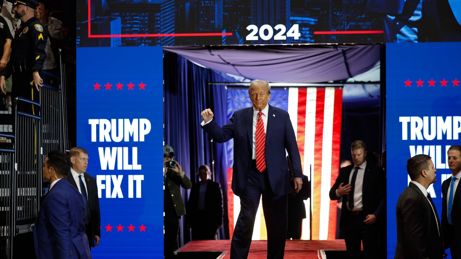 ROCKY MOUNT, NORTH CAROLINA - OCTOBER 30: Republican presidential nominee, former U.S. President Donald Trump greets supporters during a campaign event at the Rocky Mount Event Center on October 30, 2024 in Rocky Mount, North Carolina. With less than a week until Election Day, Trump is campaigning for re-election in the battleground states of North Carolina and Wisconsin. (Photo by Chip Somodevilla/Getty Images)