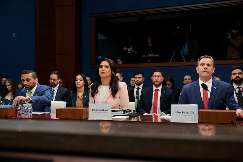 Federal Bureau of Investigation (FBI) Director Kash Patel, Director of National Intelligence (DNI) Tulsi Gabbard and Central Intelligence Agency (CIA) Director John Ratcliffe attend a U.S. House Intelligence Committee hearing on worldwide threats, on Capitol Hill in Washington, D.C., U.S., March 19, 2026. REUTERS/Kylie Cooper