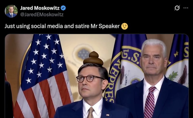 Jared Moskowitz trolled Mike Johnson with his own AI video which he posted on X.