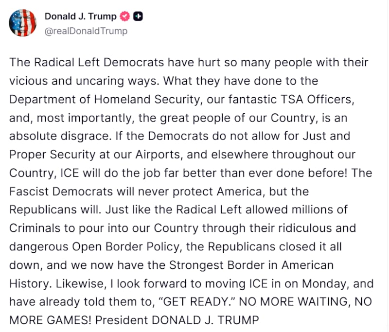 Trump Truth Social post about ICE at airports.