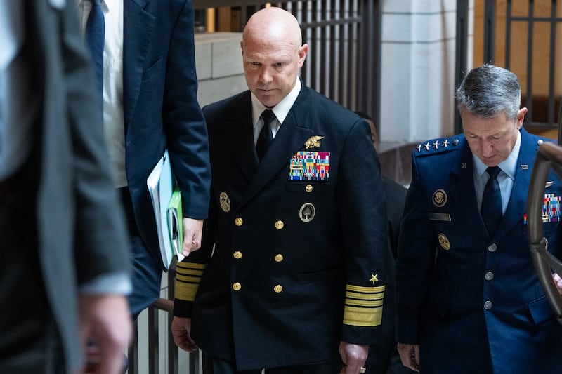 Adm. Frank "Mitch" Bradley and Chairman of the Joint Chiefs of Staff Gen. Dan Caine on Capitol Hill to brief members of the Senate Armed Services Committee on military strikes on alleged drug-smuggling boats in the Caribbean Sea, on Thursday, December 4, 2025.