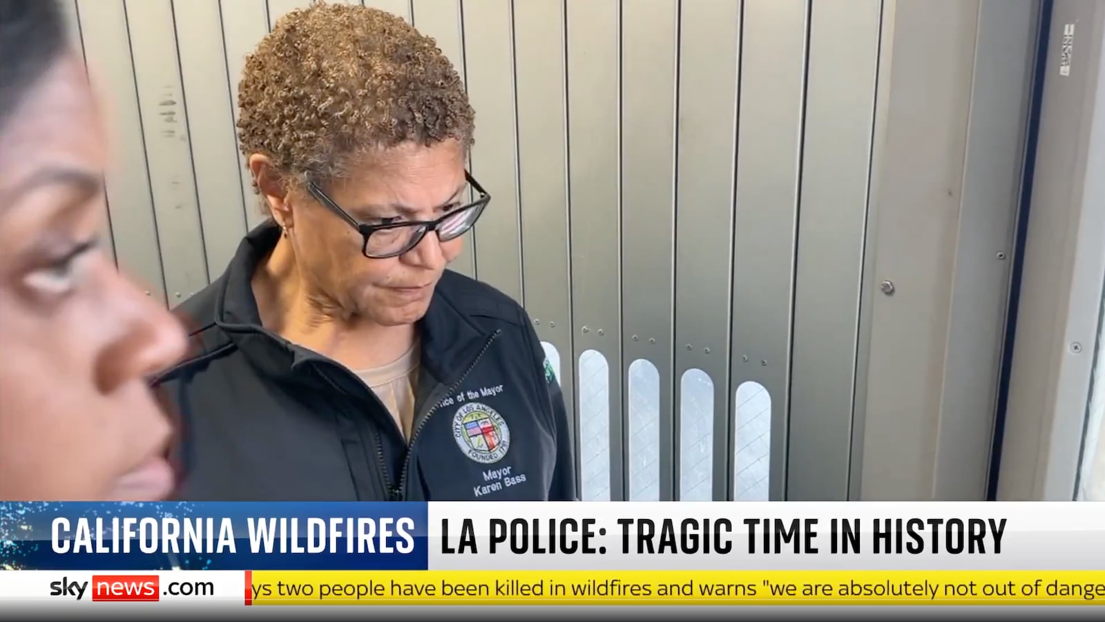 Los Angeles Mayor Karen Bass dodges questions from a Sky News reporter as she touched down in the city on Wednesday.