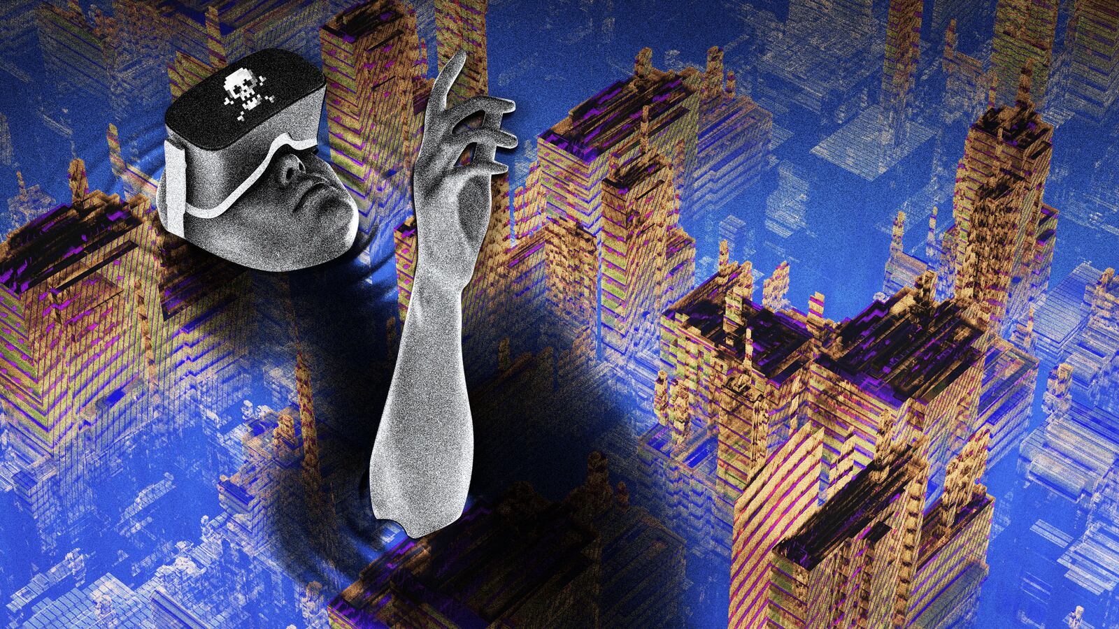 Illustration of person in VR headset sinking into the metaverse.