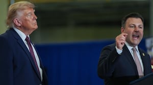 MACUNGIE, PENNSYLVANIA - JUNE 23: Rep. Congressman Ryan Mackenzie (R-PA) (R) joins U.S. President Donald Trump on stage at the Mack Trucks Lehigh Valley Operations facility on June 23, 2026 in Macungie, Pennsylvania. President Trump visited the facility to highlight American manufacturing and its benefits for local economies. (Photo by Andrew Harnik/Getty Images)