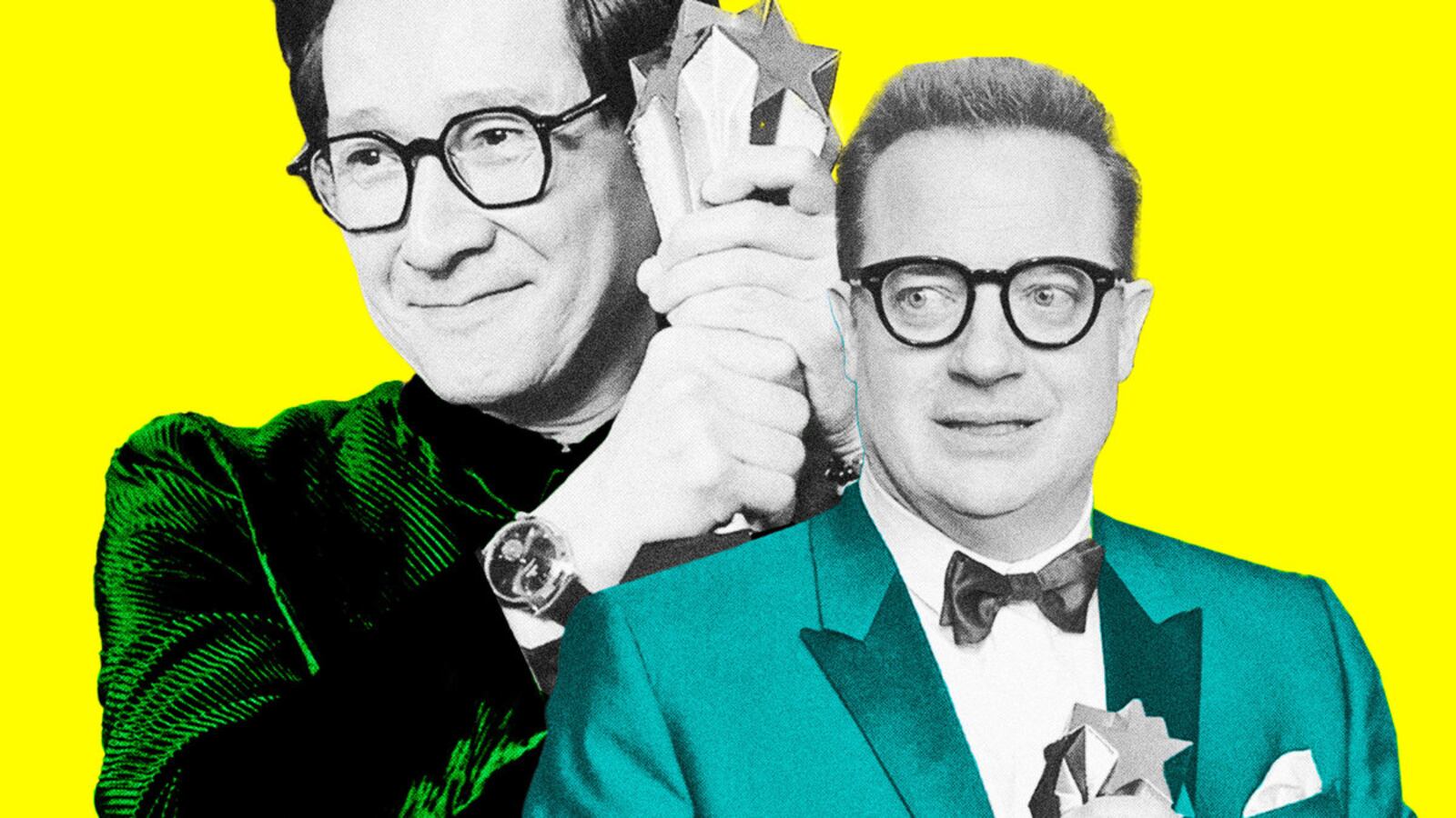 Illustration featuring Ke Huy Quan and Brendan Fraser holding Oscar statues