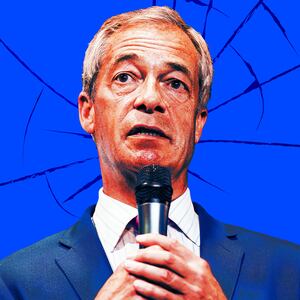 Illustration of Nigel Farage on a broken blue background