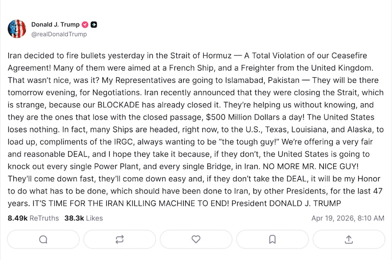 Donald Trump threatens Iran on Truth Social, April 19, 2026.