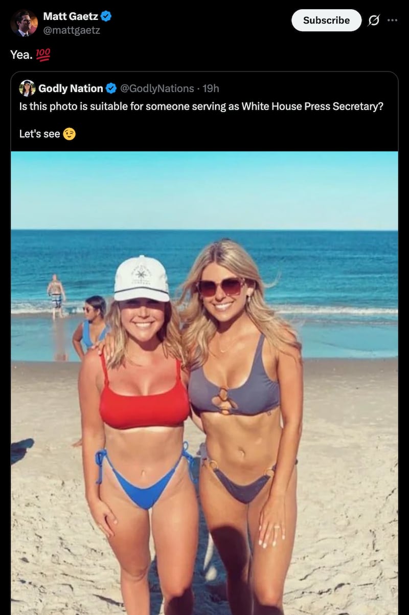 Gaetz's creepy response to Leavitt's bikini snap.