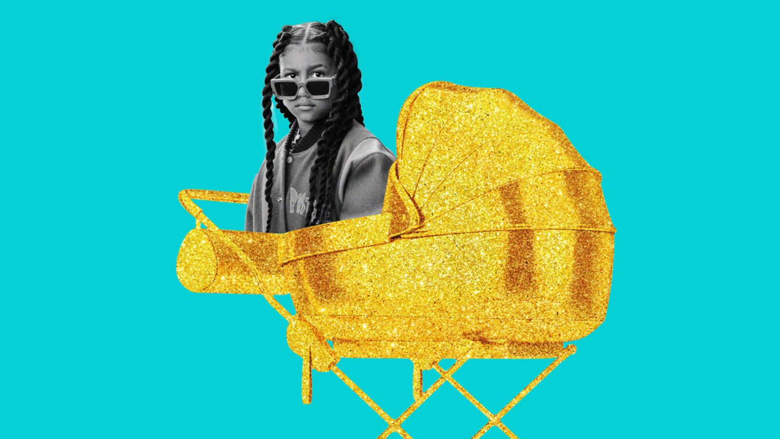 An illustration including North West and a Golden Stroller