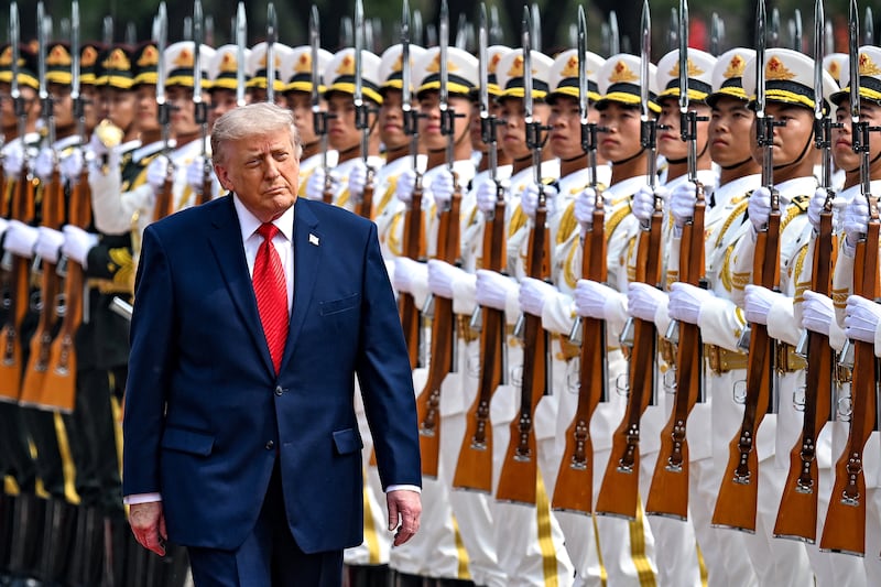 President Donald Trump reviews the troops in Beijing, China, May 14, 2026, during a trip focused on trade, regional security, and strengthening bilateral ties between the world’s two largest economies.