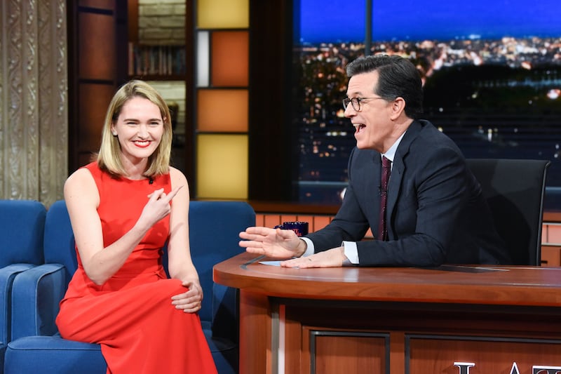 The Late Show with Stephen Colbert and guest Jena Friedman during Tuesday\'s February 12, 2019 show. Photo: Scott Kowalchyk/CBS ©2019 CBS Broadcasting Inc. All Rights Reserved.