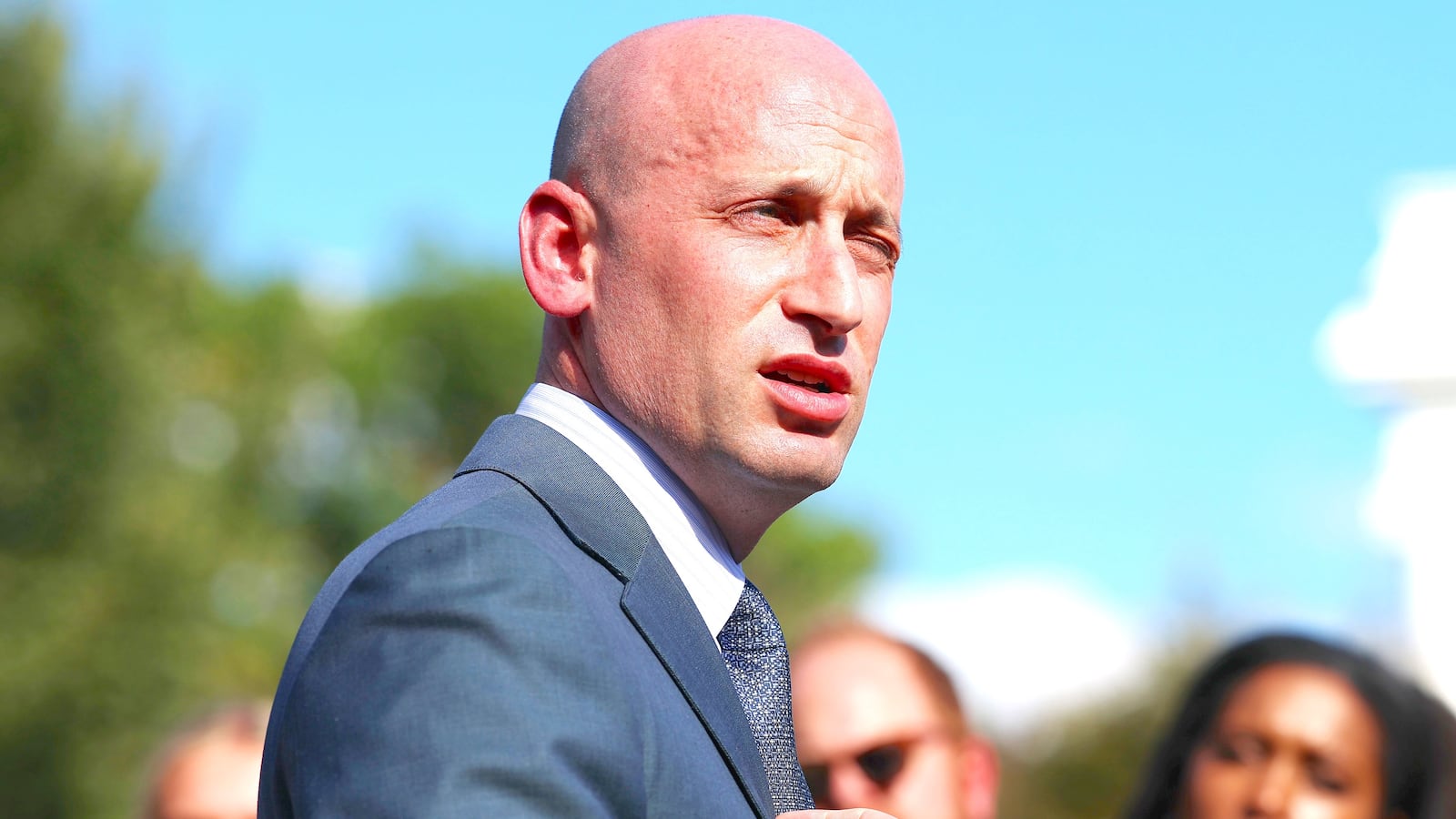 Deputy White House Chief of Staff Stephen Miller speaks to reporters outside of the White House on October 06, 2025 in Washington, DC.