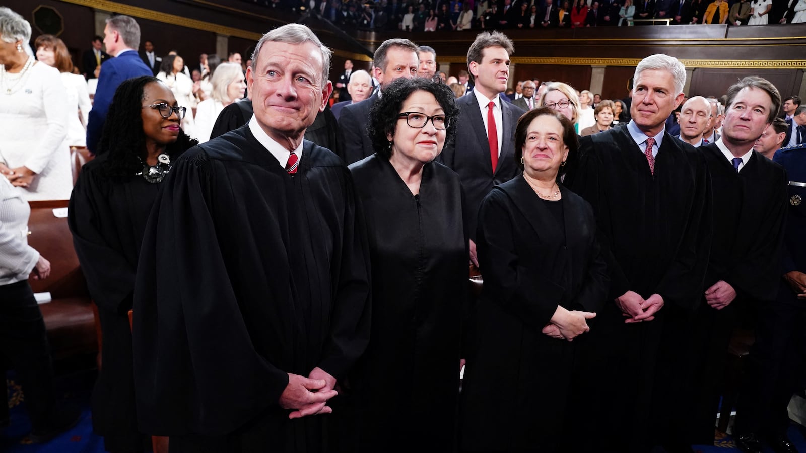 Chief Justice of the Supreme Court John Roberts sits with other SCOTUS justices ahead of US President Joe Biden's third State of the Union address to a joint session of Congress in the US Capitol in Washington, DC, March, 7 2024.