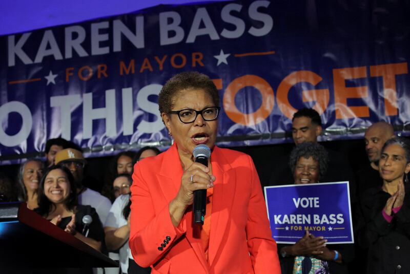 Los Angeles Mayor Karen Bass speaks to supporters while attending her election night watch party as the incumbent runs for reelection in the Los Angeles mayoral race during the California primary election in Los Angeles, California, U.S., June 2, 2026. REUTERS/Daniel Cole