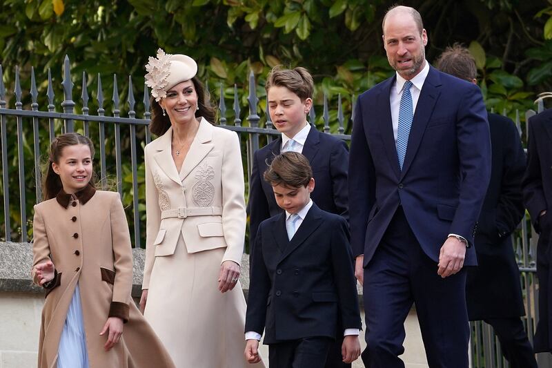 Princess Charlotte, Princess Kate, Prince George, Prince Louis, and Prince William arriving at the Easter Matins Service at St. George's Chapel in Windsor, Britain, in April 2026.