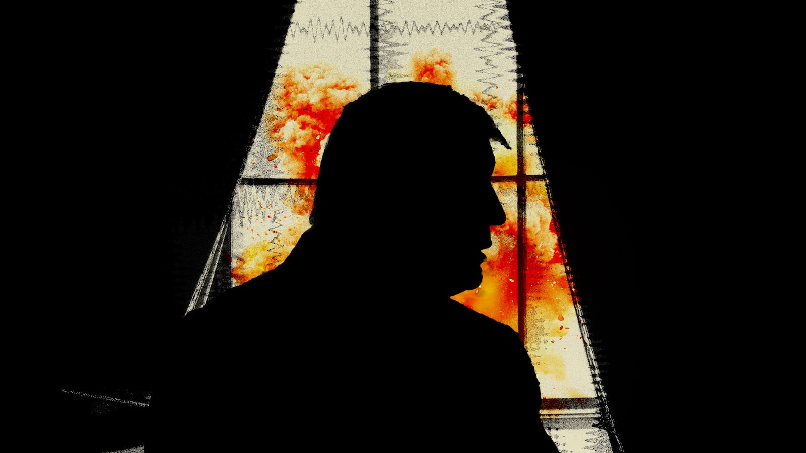 Silhouette of Donald Trump in front of bomb cloud