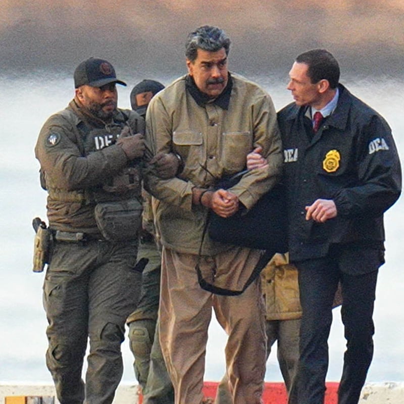 Nicolas Maduro is seen in handcuffs after landing at a Manhattan helipad