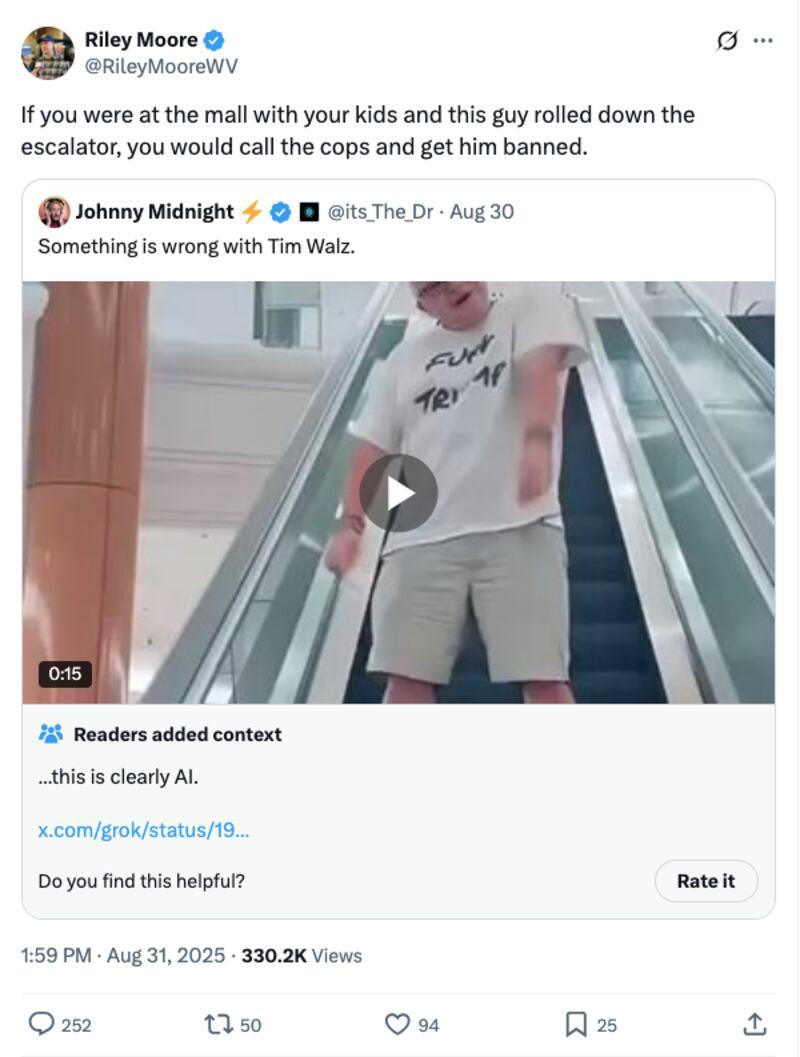 West Virginia Rep. Riley Moore re-shares an AI-generated video of Minnesota Gov. Tim Walz.