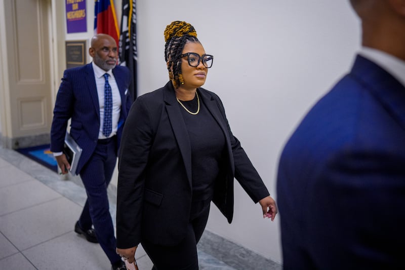 WASHINGTON, DC - MAY 18: Former prison guard Tova Noel (C) returns from a break from testifying at a closed-door interview with the House Oversight Committee on Capitol Hill on May 18, 2026, in Washington, DC. Noel, a former guard at the Metropolitan Correctional Center in New York City, is believed to have been among the last people to see convicted sex offender Jeffrey Epstein before his death in 2019. (Photo by Andrew Harnik/Getty Images)