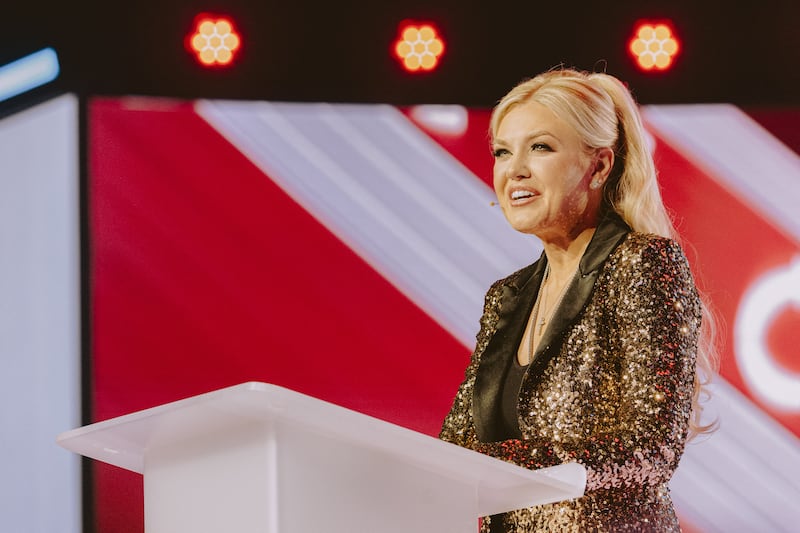 Erika Kirk, widow of late right-wing political activist Charlie Kirk, speaks at Turning Point's annual AmericaFest conference in Phoenix, Arizona