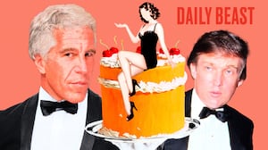 Jeffrey Epstein, Donald Trump and a cake with a girl on top.