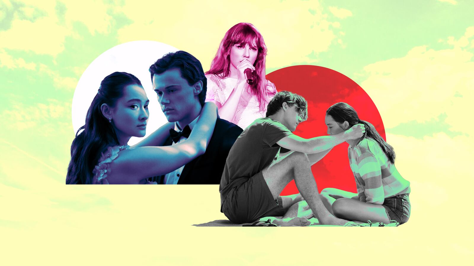 A photo illustration of Taylor Swift, Christopher Briney and Lola Tung from The Summer I Turned Pretty.