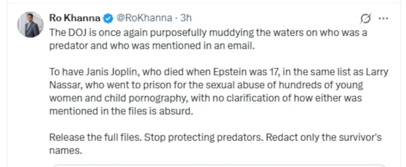 Khanna has long been a critic of the administration's handling of the files.