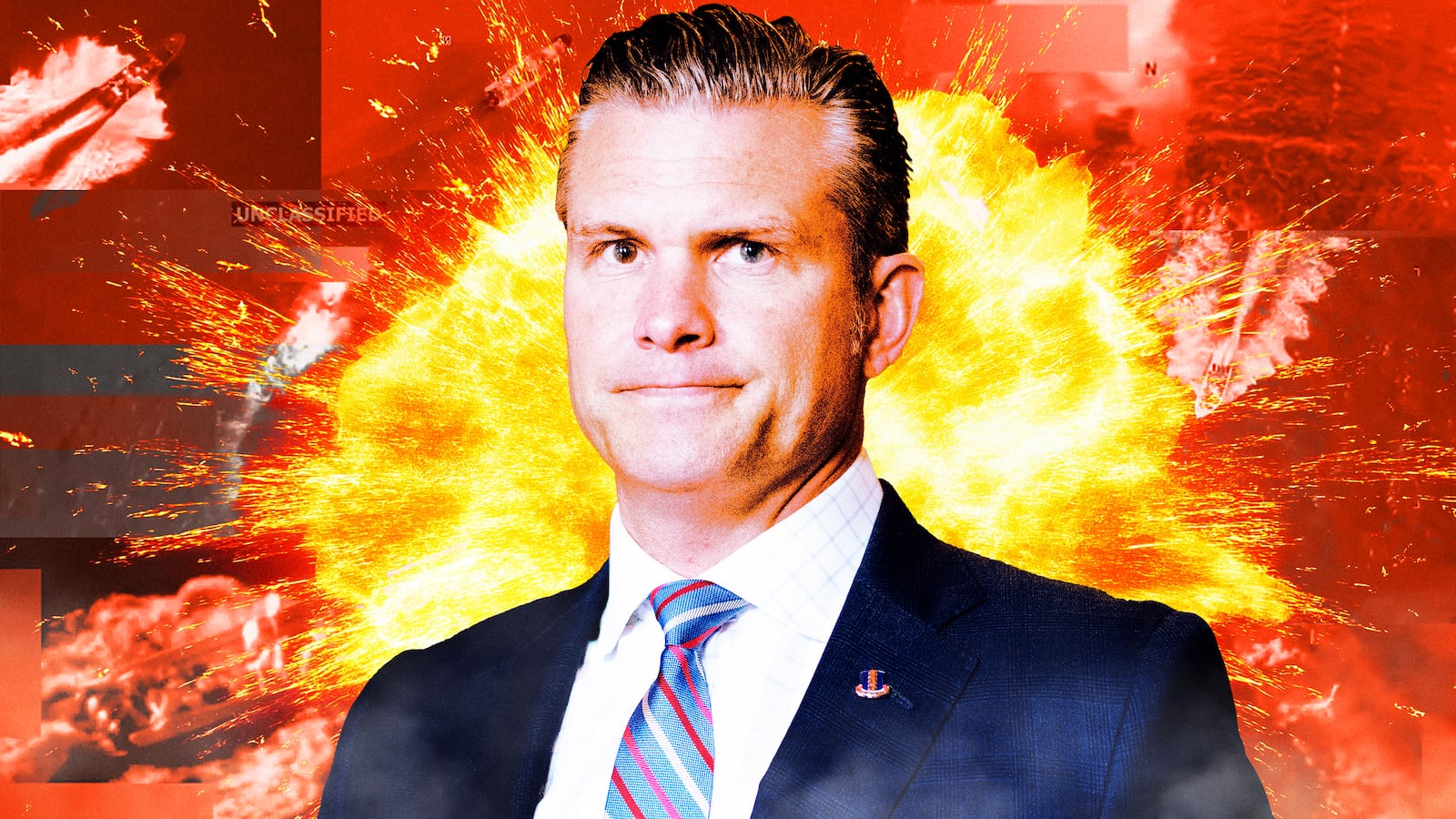 A photo illustration of Pete Hegseth and screen grabs from boat strikes off the coast of Venezuela.