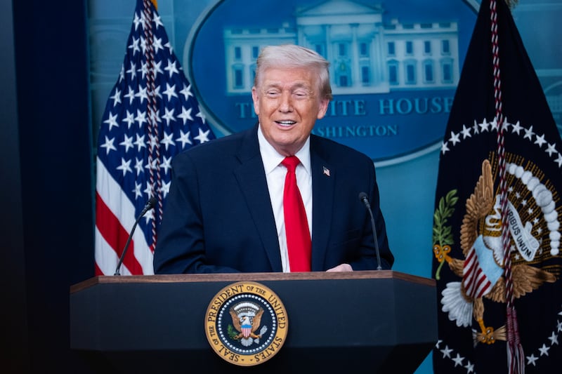 President Donald Trump speaks to the media in the White House briefing room about the administration's accomplishments on the anniversary of his first year of his second term in office, on Tuesday, January 20, 2026.