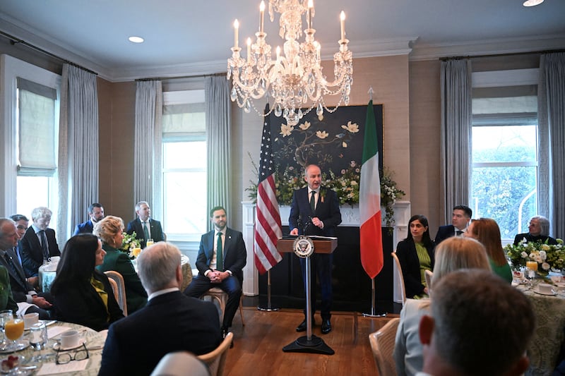 Taoiseach of Ireland Micheal Martin speaks during the St. Patrick's Day breakfast hosted by U.S. Vice President JD Vance and Second Lady Usha Vance, at the Vice President's residence in the US Naval Observatory, in Washington, U.S., March 17, 2026. Roberto Schmidt/Pool via REUTERS