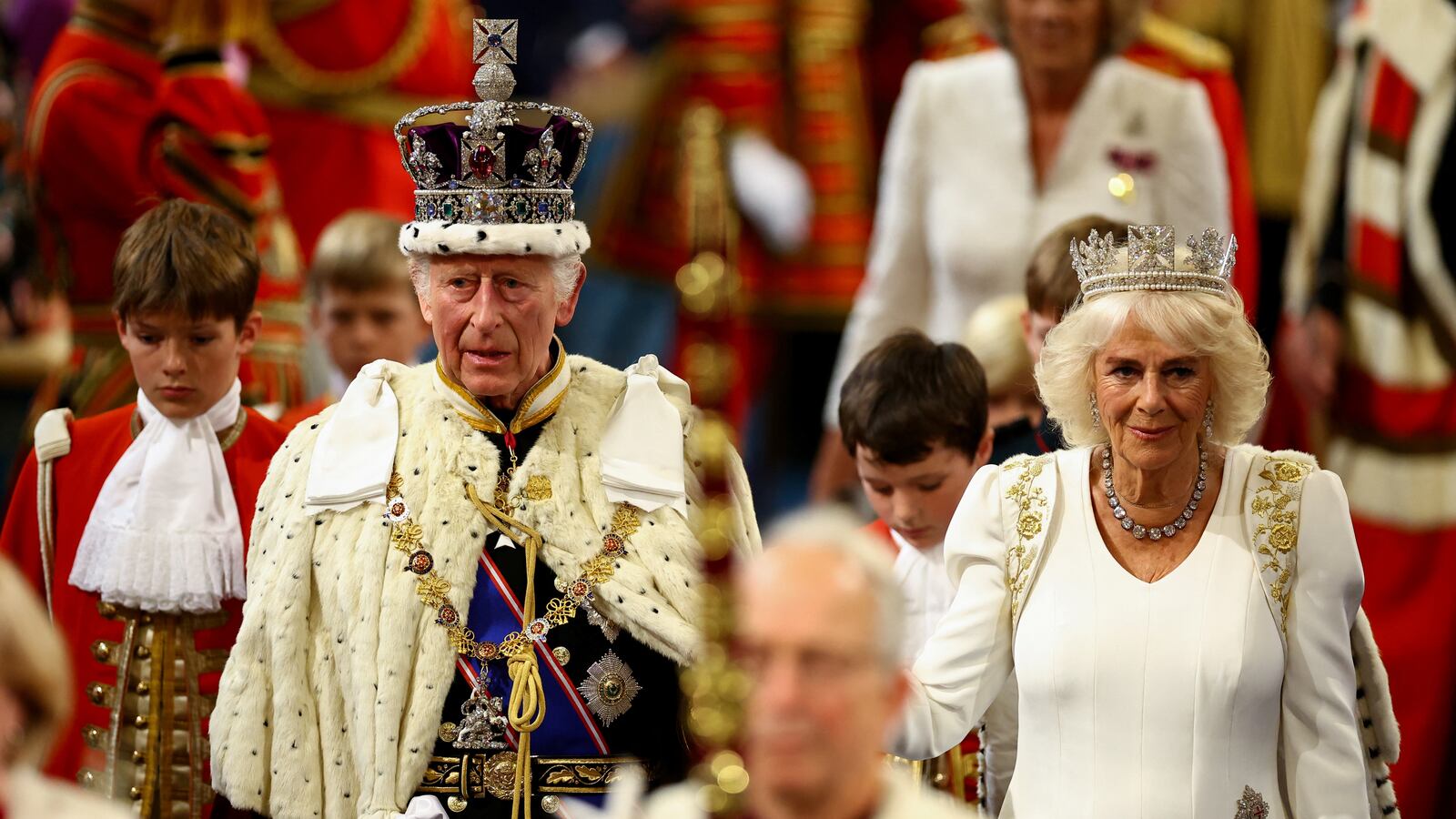 King Charles III wears the Imperial State Crown and Queen Camilla wears the Diamond Diadem during a ceremony on the day of the State Opening of Parliament at the Palace of Westminster, on July 17, 2024 in London, England.