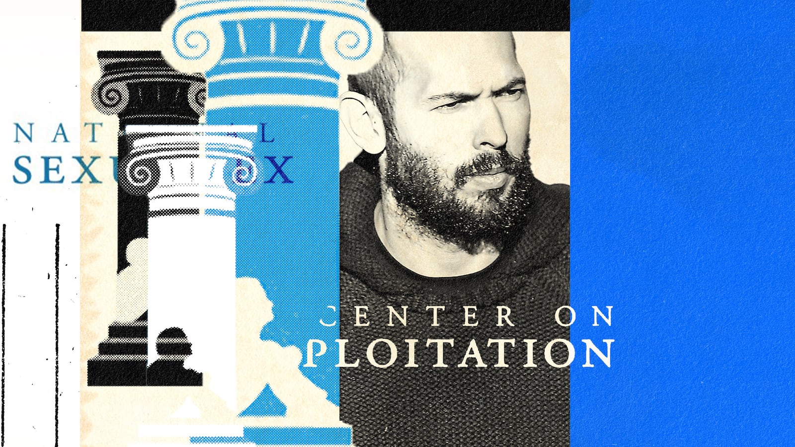 A photo illustration of Andrew Tate behind the logo of the National Center on Sexual Exploitation