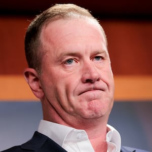 U.S. Sen. Eric Schmitt (R-MO) looks on during a press conference at the U.S. Capitol