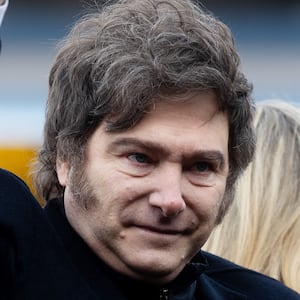 BUENOS AIRES, ARGENTINA - JULY 26: President of Argentina Javier Milei gestures during his visit to the 137th Expo Rural at La Rural Exhibition and Conference Centre on July 26, 2025 in Buenos Aires, Argentina. (Photo by Tomas Cuesta/Getty Images