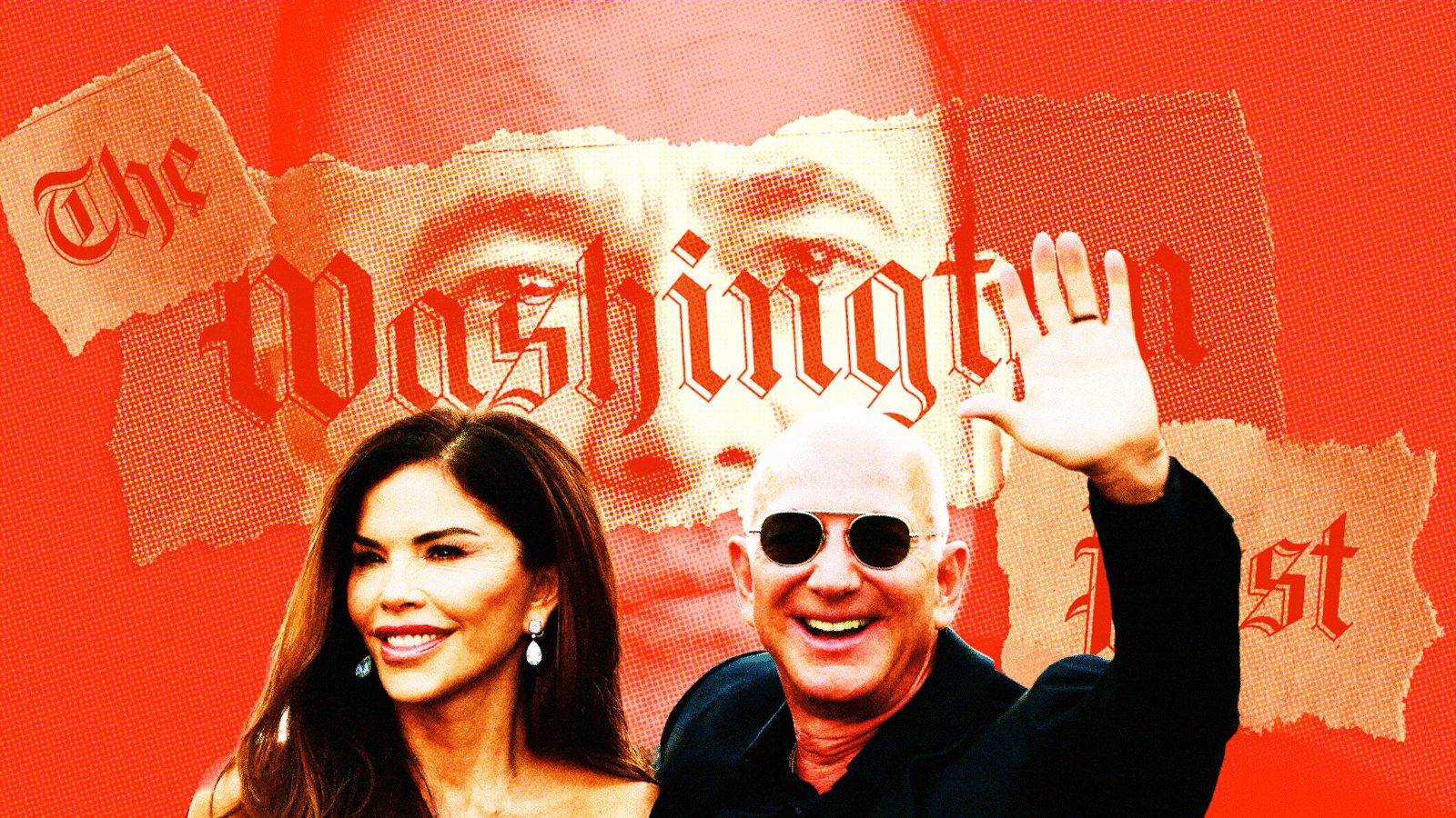Waving Jeff Bezos and Lauren Sanchez in front of a ripped paper logo of the Washington Post over Will Lewis's head