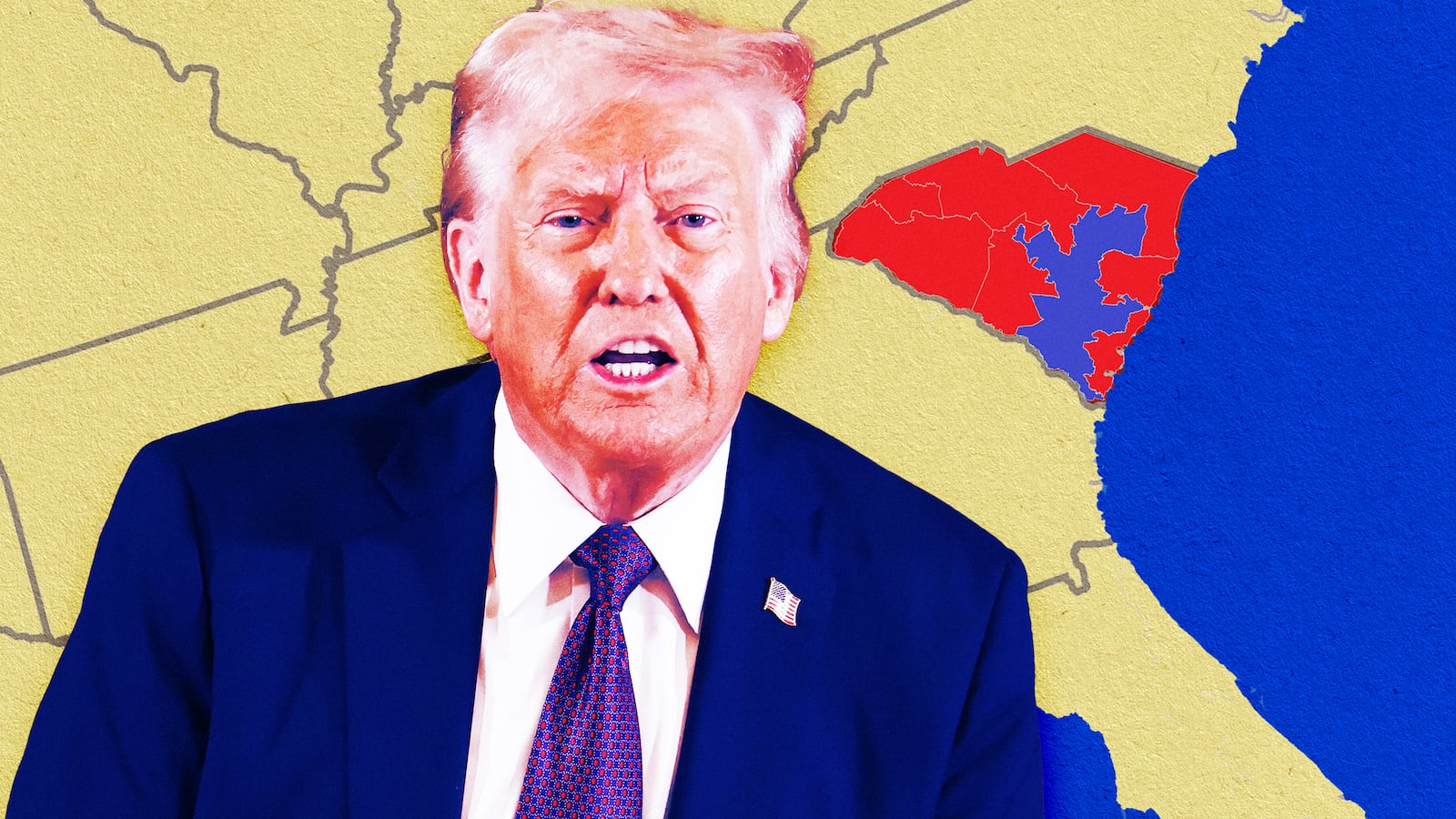 A photo illo illustration of Trump and the South Carolina districting map.