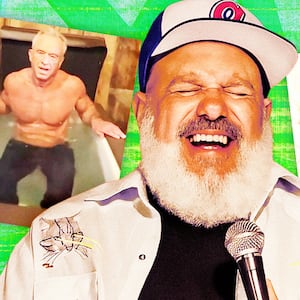 A photo illustration of the Obsessed podcast of David Cross and RFK, Jr.