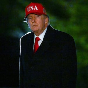 President Donald Trump arrives at the White House on April 12, 2026 in Washington, DC.