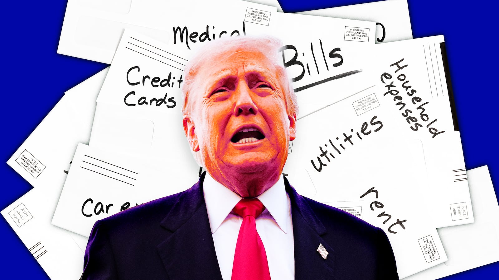 A photo illustration of Donald Trump in front of a pile of bills.