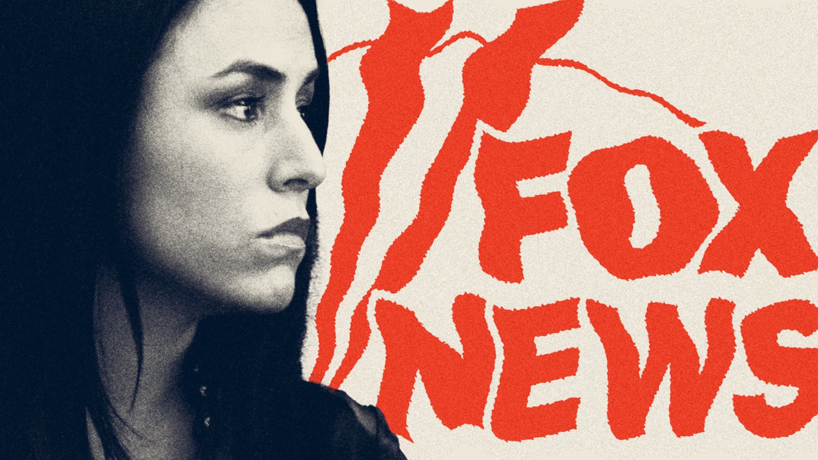 Photo illustration of Andrea Tantaros with a distorted red Fox News logo in the background.