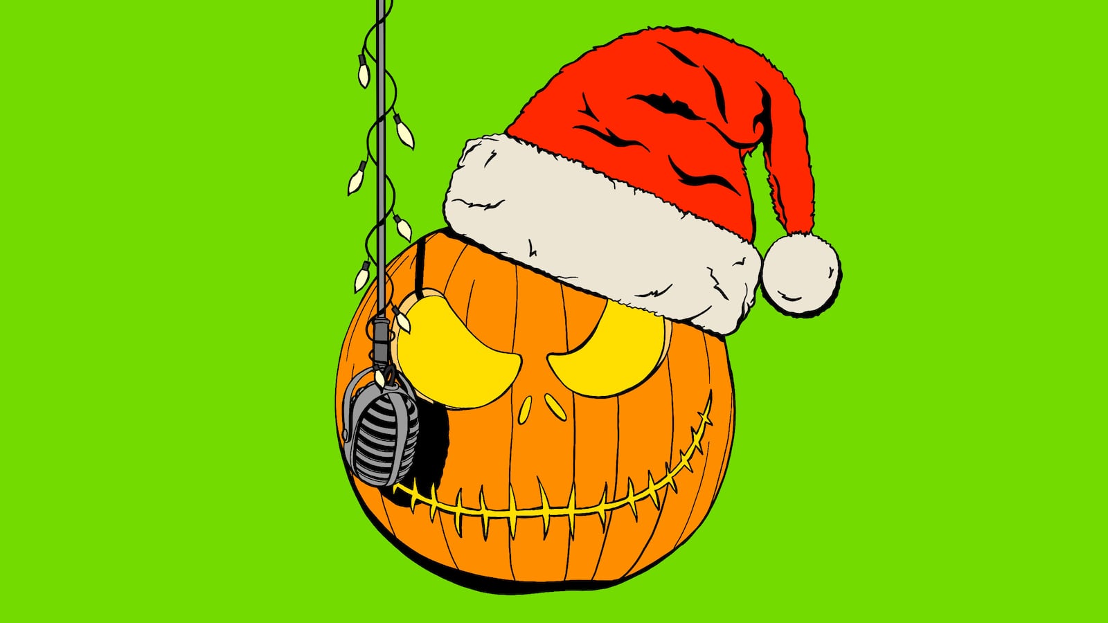Illustration of a Jack o Lantern with a Santa hat and a microphone hanging down with Christmas lights on it